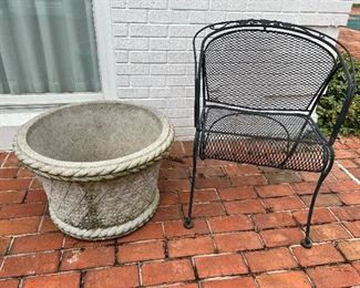 Vintage Salterini Woodard Wrought Iron armchair with large concrete planter (pr)