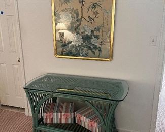 Green wicker console table with protective glass top & original tempera painting "Bluebirds with Peonies" by Tai Ling