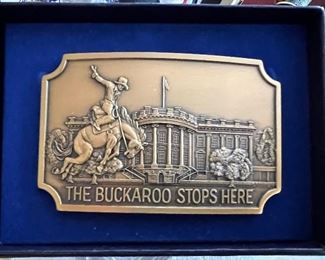 "The Buckaroo Stops Here" Ronald Reagan belt buckle (multiple)