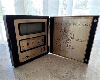 Howard Miller "The Official Visit of President Reagan" Europe 1982 digital foldable alarm clock with presidential seal (2 available)