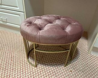 Gold base with tufted upholstered pink satin dressing room seat