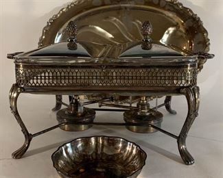 Silverplate Platter, Chafing Dish, And Small Bowl