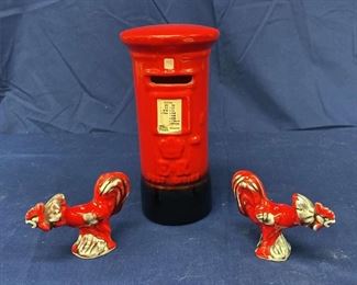 Vintage E R Post Office Bank And Rooster Salt And Pepper