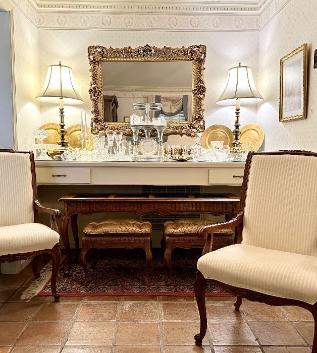 Drexel Heritage Brittany Sofa Table, Stools, and Dining Chairs