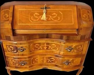 Italian Marquetry secretary. Fine curved serpentine front and drawers. Classic fold down desk with drawers and cubbies.