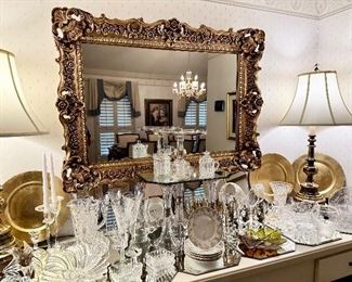 Ornate composite gold mirror, crystal, Waterford, Lenox, and more.
