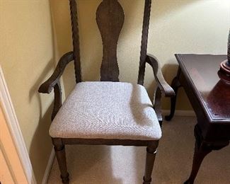 Bassett fiddleback, open arm chair, neutral herringbone pattern upholstery