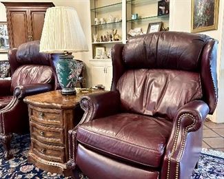Hancock and Moore leather recliner. Top grain leather, wingback, nail-head trim, ball & claw feet.