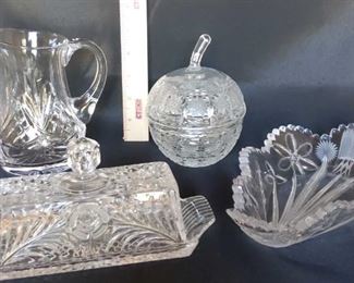 Crystal Butter Dish, Small Pitcher, Apple Dish and Serving Dish
