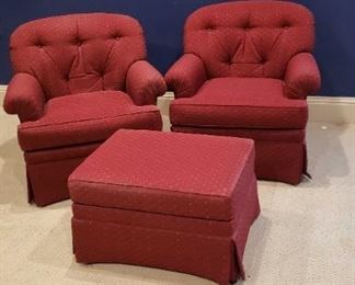 Two Burgundy Chairs with 1 Ottoman