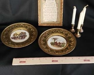 Vintage Brass Wall Plaques, Candle Sticks w Candles and Friend Plaque
