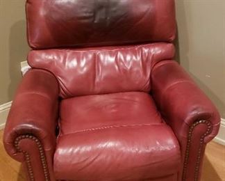 Red Soft Leather Recliner with Automatic Functions, Large Area of Discoloration on Headrest