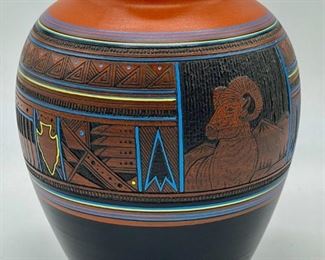Signed Etched Navajo Pottery Jar