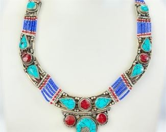 89 Grams Fine Silver Tibetan Turquoise, Red Coral & Lapis Lazuli Tribal Statement 18" Necklace