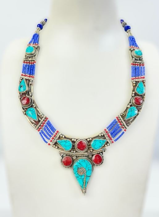 89 Grams Fine Silver Tibetan Turquoise, Red Coral & Lapis Lazuli Tribal Statement 18" Necklace