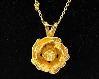 Fine 14K Yellow Gold Diamond Rose Pendant on 14K Yellow Gold Chain 2.2 Grams