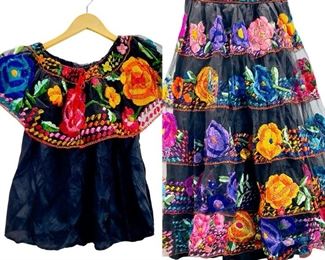 Mexican Silk Embroidered 2 Pc Traditional Chiapas Dress Size S/M