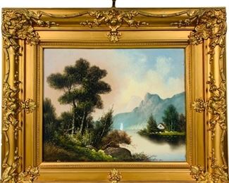 Antique Hudson River Valley American Oil Painting on Canvas. Signed - Framed with Light Fixture