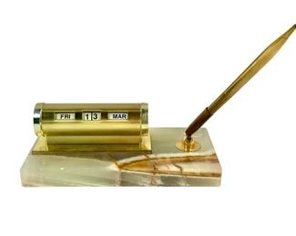 Vintage Art Deco Brass and Onyx Desktop Pen Holder and Perpetual Calendar