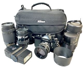 Vintage Late 70s Nikon Nikkormat FT3 35mm SLR Film Camera w/ AI 50mm f2, AF 28-85mm f3.5-4.5, AF ED 70-300mm f4-5.6, Vivitar 135mm f2.8, Vivitar 2800 Flash, Nikon HB-15 Lens Hood, and Nikon Camera 