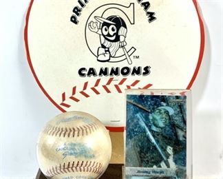 Prince William Cannons Ball Caught off Jimmie Hurst In 1994 and Logo Baseball Sign