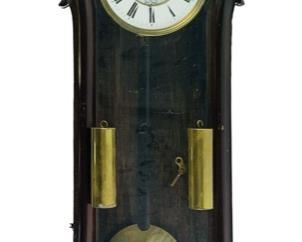 Antique Hand Carved 20th Century Wooden Wall Clock With Pendulum, Weights and Winding Key
