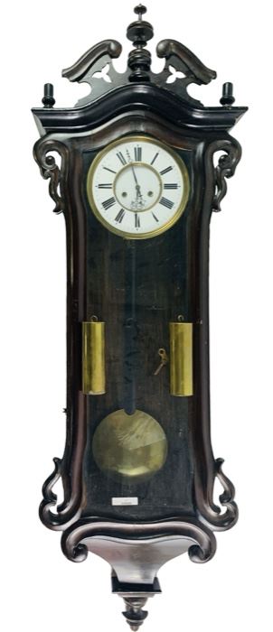 Antique Hand Carved 20th Century Wooden Wall Clock With Pendulum, Weights and Winding Key