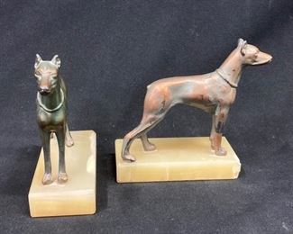 Pair of Art Deco Figural Bronzed finish Doberman Dog Bookends on Alabaster Bases