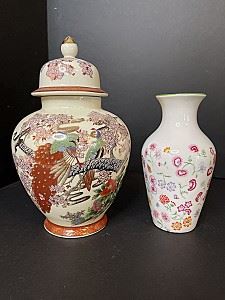 Asian Inspired Lidded Canister and/or Ginger Jar and Ornamental Vase 