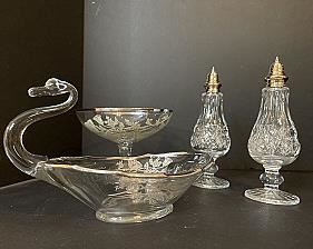 Duncan and Miller Glass Swan, Pedestal Bowl and ORNATE Salt and Pepper Shakers