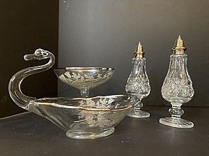 Duncan and Miller Glass Swan, Pedestal Bowl and ORNATE Salt and Pepper Shakers