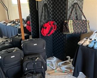 Luggage set, privacy screen, totes, hangers
