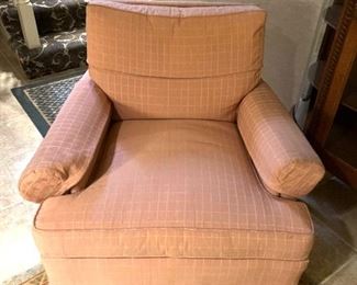 Salmon colored upholstered side chair with matching ottoman