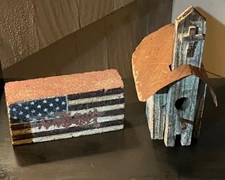 American flag brick and rustic birdhouse