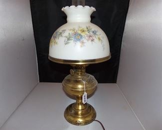 brass parlor lamp with hand painted milk glass shade