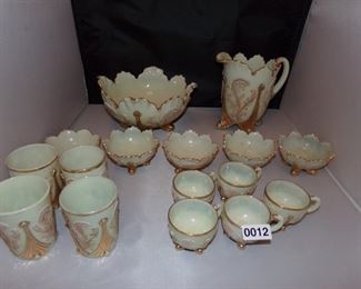 Vtg Northwood china Inverted Fan & Feathers bowl, pitcher, tumblers, berry bowls and coffee/tea cups