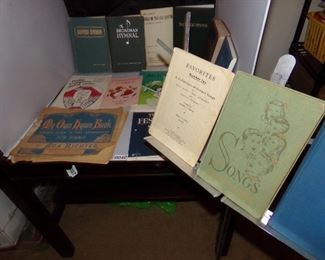 collapsible music stand w/vintage hymnals, 1941 "My Own Hymn Book"