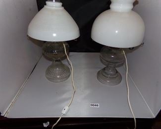 Converted oil lamps w/milk glass shades