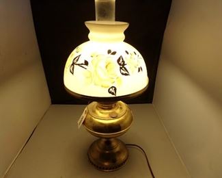 Vtg hand painted milk glass shade converted brass oil lamp