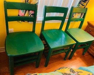 $90 (3) green painted chairs all slight different $30 EACH 