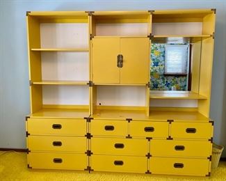 Vintage Bernhardt yellow campaign-style chests & shelving