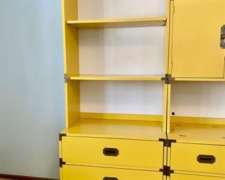 Vintage Bernhardt yellow campaign-style chests & shelving