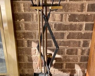MCM antiqued brass fireplace tool set