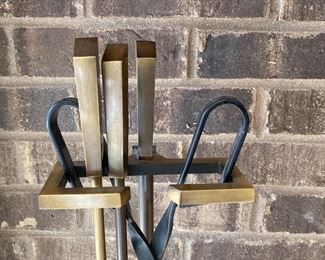 MCM antiqued brass fireplace tool set