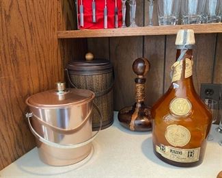 Vintage ice buckets and bottles