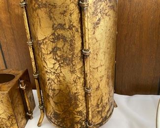 Vintage gilt tole faux bamboo waste basket, tissue & guest towel set
