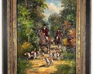 Oil On Canvas Hunters With Dogs Signed Illegibly