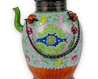 Risler Carre Silver & Porcelain Chinese Teapot