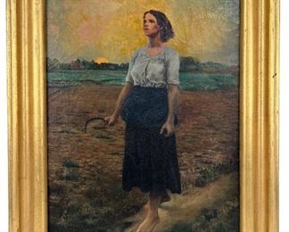 Antique Oil on Canvas Woman With Sickle