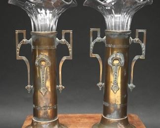 Art Nouveau Brass Handled Vase w/ Lily Inserts
